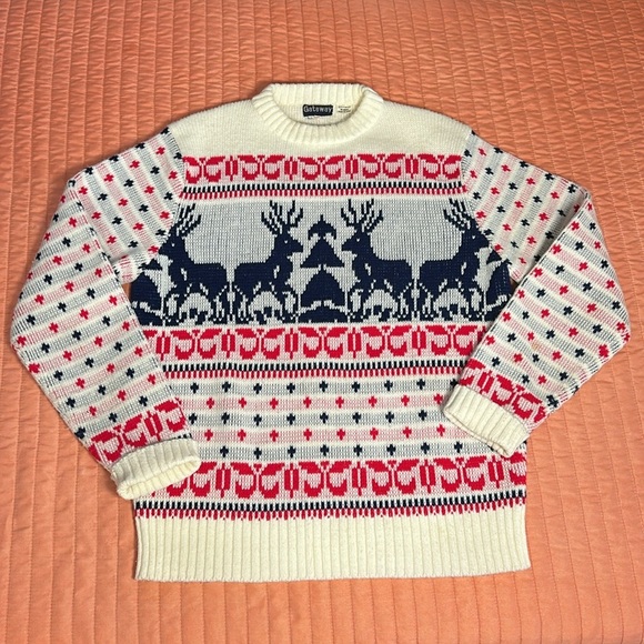 Vintage 70s 80s Gateway Knit Reindeer Christmas Holiday Sweater Unisex size LG - Picture 13 of 16